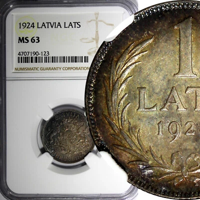 Latvia Silver 1924 1 Lats NGC MS63 NICE RAINBOW TONING SCARCE KM# 7 (123) - Image 1 of 4