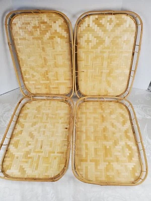SET OF 4 Rattan Bamboo Wicker Tiki Lap TV Serving Platter Tray 19x13 Vintage - Image 1 of 4