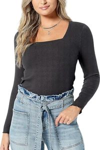 Candace Cameron Bure Square-Neck Soft Ruffle Hem Rib Knit Top Black - Picture 1 of 1
