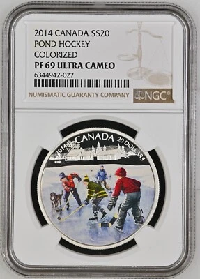 2014 CANADA SILVER $20 POND HOCKEY COLORIZED - NGC PF 69 ULTRA CAMEO - Image 1 of 2