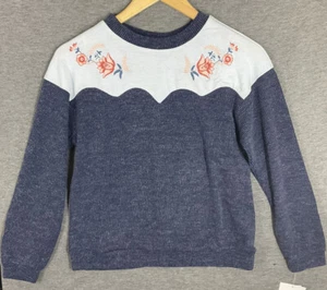 Trixxi Girl Sweater Blue Size Large L Floral Embroidered Ribbed Knit #766 - Picture 1 of 6
