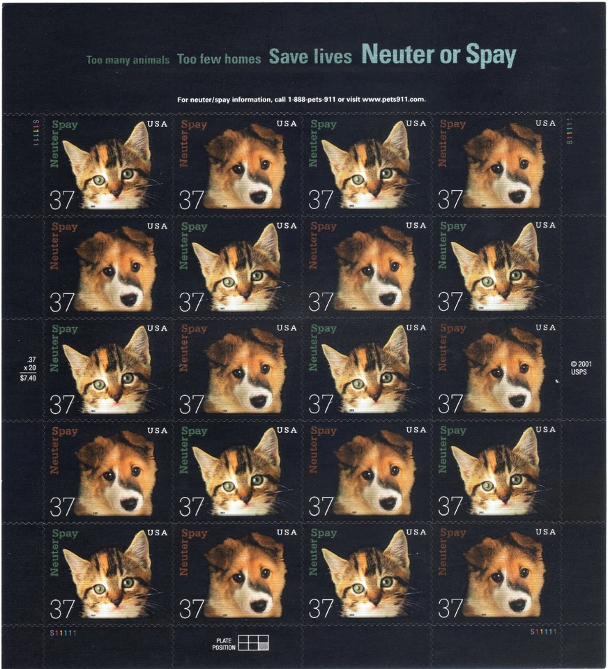 Scott #3671a (3670-71) Pet Neuter or Spay (Dog & Cat) Sheet of 20 Stamps - MNH - Image 1 of 1