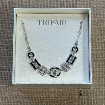 Trifari 项链女式 16 英寸银色黑色绿色水晶几何礼品盒 — 第 1/4 张图片