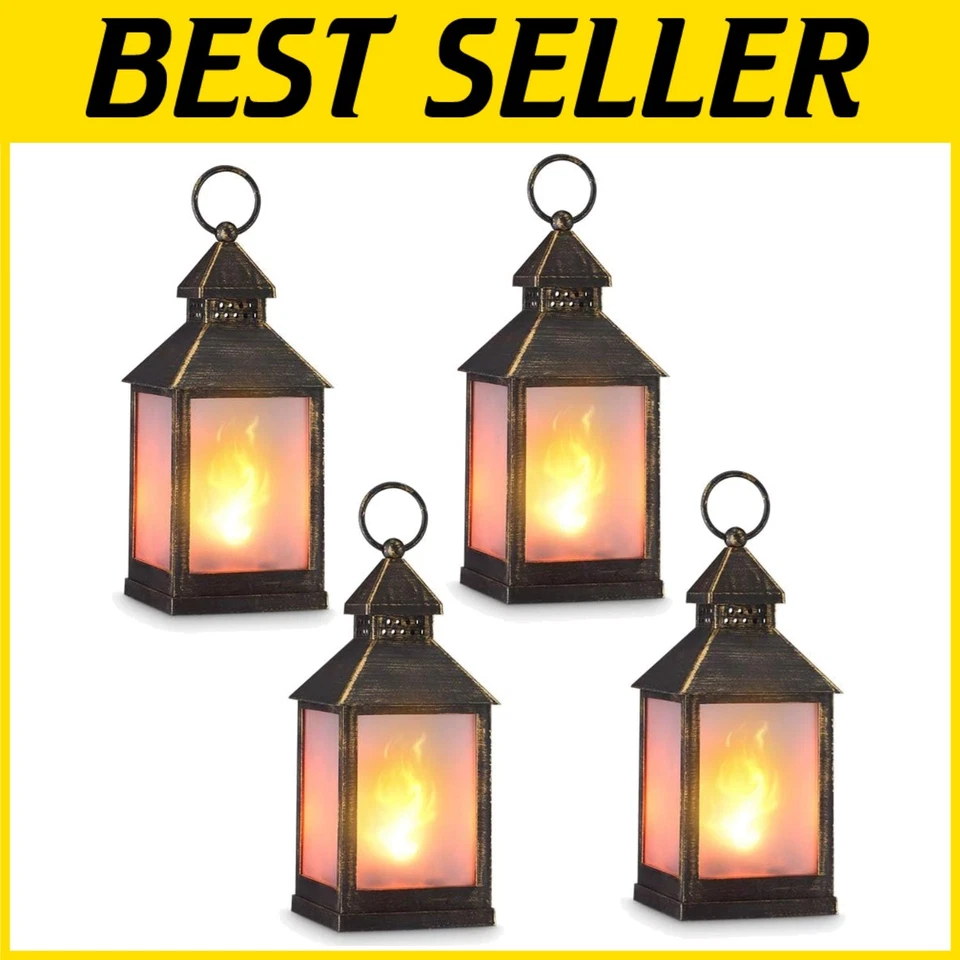 Zkee 11" Vintage Decorative Lantern Flame Effect LED Golden Brushed Black 4 Set