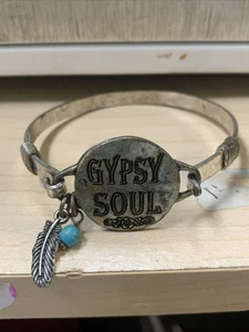 BLAME MY GYPSY SOUL BRACELET SILVER PLATED BANGLE Feather BEAD CHARMS ENGRAVED - Picture 1 of 5
