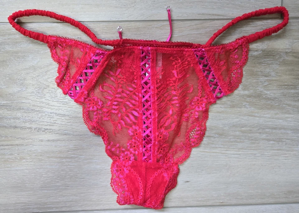 Tanga bragas vintage Victoria's Secret rojo rosa malla de encaje transparente tanga lazo L Foto 1 de 3