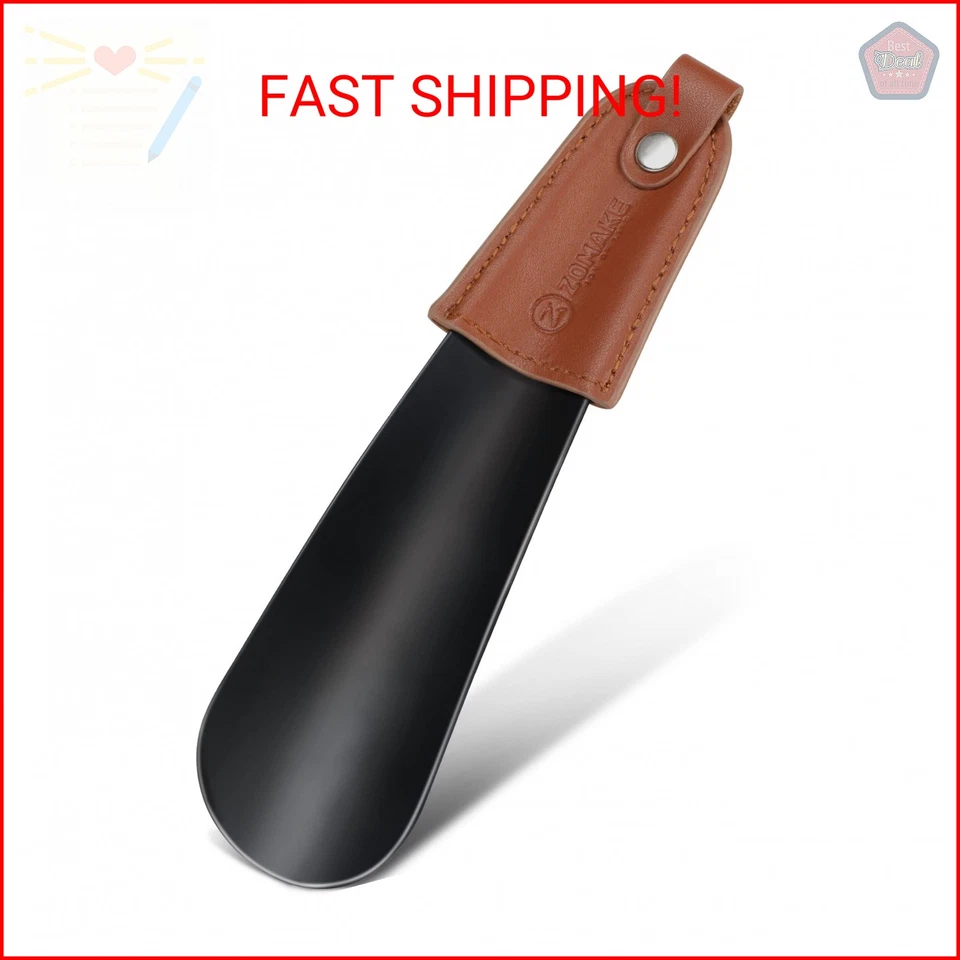 ZOMAKE Metal Shoe Horn With Leather Handle Stainless Steel Shoehorn for