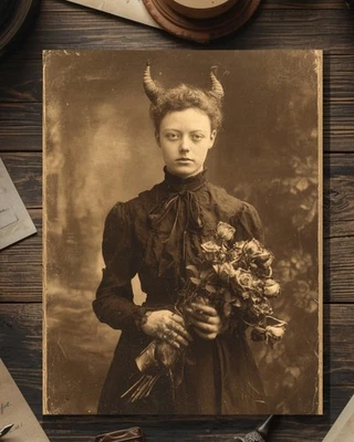 Vintage Victorian Horned Demon Girl Dead Roses Valentine Card Gothic Macabre - Image 1 of 4
