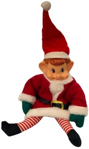 1950s Christmas Pixie Elf Plastic Face Green and Red Felt Body Shelf Sitter 9” - Picture 1 of 9