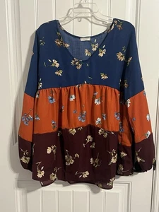#7324. Oddy Women's V-Neck Long Sleeve Chiffon Floral Print Blouse. Size 1XL - Picture 1 of 10