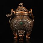 Buddhism red copper inlay green gems hand made dragon ear incense burner