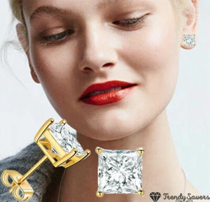 Womens 18K Yellow Gold Plated Princess Cut Clear Cubic Zirconia Stud Earring - Picture 1 of 7