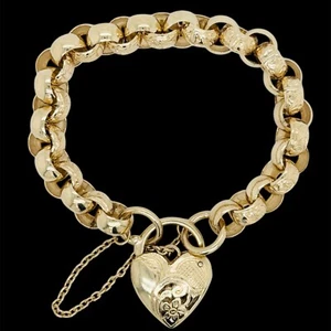 Solid Belcher Link Heart Padlock Bracelet 19cm 34.6g Preloved - Picture 1 of 13