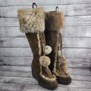 Coach Karita Tall Boots Wedge Made In Italy Genuine Brown Suede And Fur Size 8B - Picture 1 of 14
