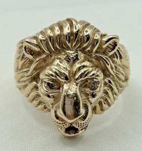 14k Yellow Gold LION with Diamond Eyes Size 8 - Picture 1 of 12