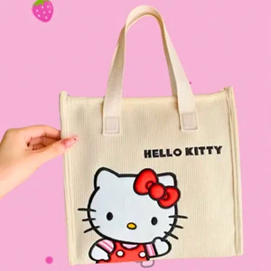 Sanrio Hello Kitty Corduroy Embroidered Tote Bag Classics Series Red Bow Handbag - Picture 1 of 8
