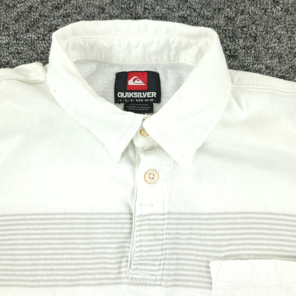 Quicksilver рубашка-поло для мальчиков большой 16 белый синий серый полоски серфинга открытый - Изображение 1 из 4