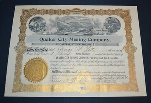 Quaker City Mining Company 1904 stock certificate - Picture 1 of 1