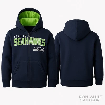 Seattle Seahawks NFL Team Apparel Kids Full-Zip Hoodie Navy Green Lined Logo - Image 1 of 4