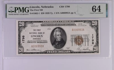 1929 Ty1 PMG 64 First National Bank of Lincoln Nebraska $20 - Image 1 of 2