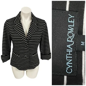 Cynthia Rowley Blazer Womens Medium Black Striped Jacket Work Office Preppy - Picture 1 of 14