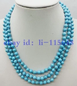 Delicate 6mm Blue Turquoise Jewelry Round Gemstone Bead Necklace 48" Gift Women - Picture 1 of 6