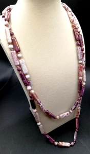 Vintage Pink and Purple Mottled Italian Glass Knotted Beaded Necklace - Picture 1 of 8