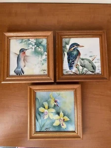 Nancy Gan,1986 Porcelain Painted Plaques, Hummingbird,Kingfisher &Yellow Orchids - Picture 1 of 13