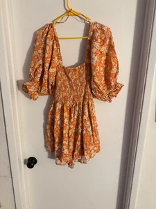 Women "Free People" orange, white yellow puffy short sleeve,romper. Size Large - Picture 1 of 2