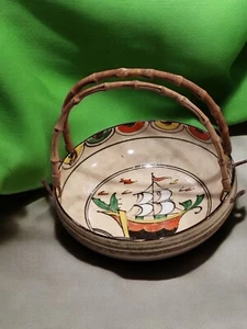 Antique Japanese Pottery Bowl Basket - with Bamboo Handles - Hand Painted & Text - Picture 1 of 7