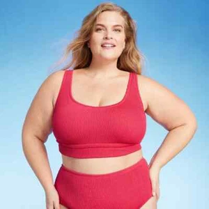 Kona Sol Women's Plus Size Pucker Scoop Neck Longline Bikini Top Red 1X (17/18) - Picture 1 of 6