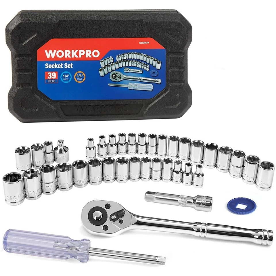 Workpro W003067A 39 Piece Drive Socket Wrench Set 1/4 Inch and 3/8 Inch