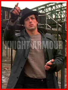 Rocky Balboa Sylvester Stallone Black Genuine Leather Jacket Coat - Picture 1 of 4