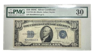 1934 C $10 SILVER CERTIFICATE NOTE FR.1704 (BA BLOCK) PMG  VF 30 EPQ - Image 1 of 3