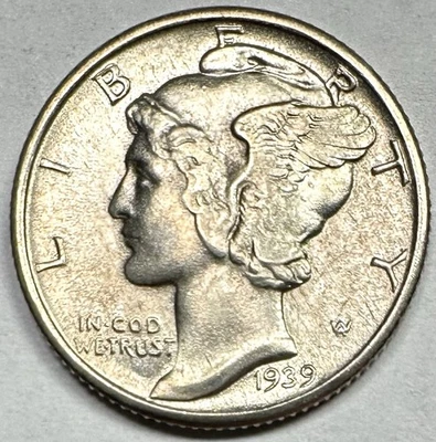 1939 MERCURY DIME CHOICE WHITE BU HIGH GRADE UNCIRCULATED SILVER COIN - Image 1 of 2