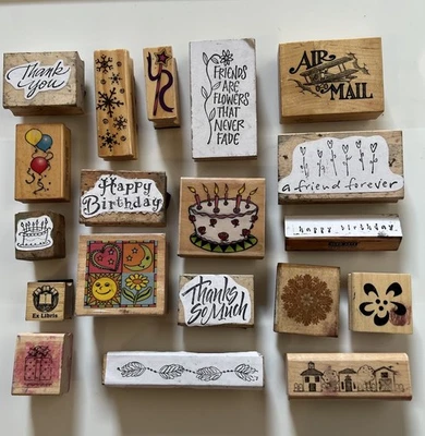 Lote de 19 SELLOS DE TINTA DE GOMA/MADERA Cumpleaños Amigos, Gracias, Varios Marcos Nuevos/Usados Foto 1 de 2