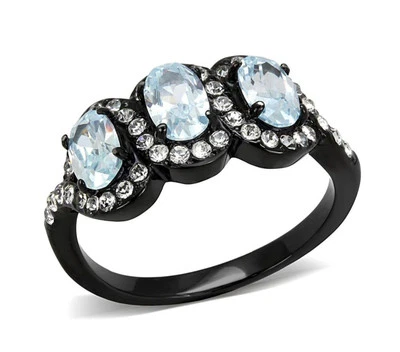 3 Sea Blue Oval CZs with Clear CZs Black IP Stainless Steel Forever Ring Size 6 - Image 1 of 4