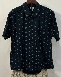 HAGGAR Men's Shirt Short Sleeve Button Up Black Teal Marlin Print Pocket X-Large - Picture 1 of 7