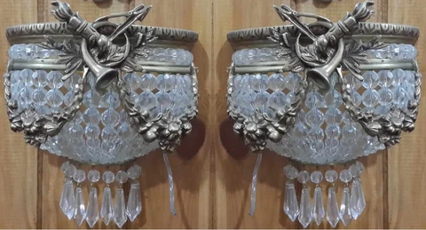 Pair Antique Replica Half Round Crystal Bronze French Empire Small Wall Sconces Cover