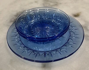 Vintage Blue Fostoria American Classic Avon Starburst Blue Plate/bowl lot Of 2 - Picture 1 of 6
