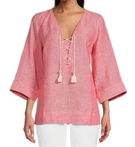 New Tommy Bahama Coastalina 3/4 Sleeve V Neck Tassel Linen Tunic Blouse Size XS - Picture 1 of 14