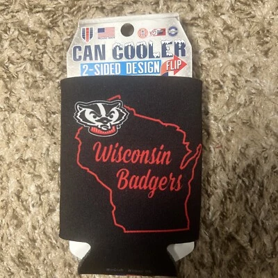 WISCONSIN BADGERS Can Cooler 2-Sided Design Black by Wincraft BRAND NEW - Image 1 of 2