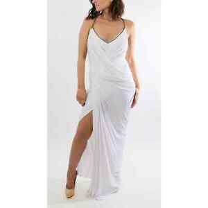 DONNA KARAN blanc support plongeon chaîne de cou drapé robe de soirée maxi taille M