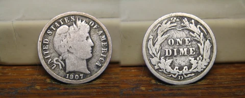 1907-D BARBER LIBERTY HEAD SILVER DIME 1907D US COIN Cover