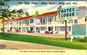DAYTONA BEACH FLORIDA AZTEC LODGE MOTOR COURT MOTEL VINTAGE LINEN POSTCARD - Picture 1 of 2