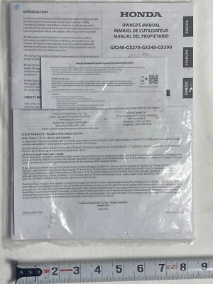 Honda GX240, GX270, GX340 GX390 Manual del Propietario en Inglés, Español, Francia. Foto 1 de 4