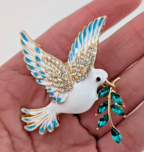 DOVE OF PEACE BROOCH white enamel bird glass & crystal olive branch Love #U2 - Picture 1 of 5