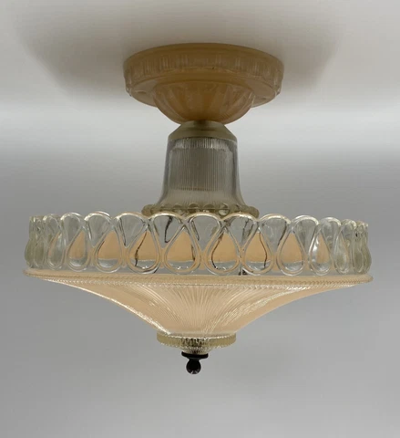 Vintage 1930-40’s Reverse Painted Bedroom Ceiling Mount Light Fixture Peach/Pnk Cover