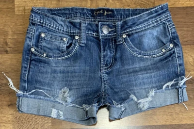 Shorts jeans EARL JEAN Distress baixo azul médio Bling feminino júnior tamanho 1 em excelente estado usado! - Imagem 1 de 4