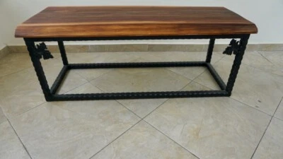 live edge wood coffee table / bench. Steel frame walnut top . - Image 1 of 2